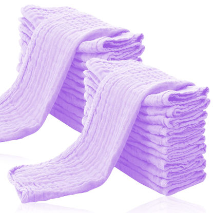 Picture of 24 Pack Muslin Burp Cloths for Baby - Ultra-Soft 100% Cotton Baby Washcloths - Large 20'' by 10'' Super Absorbent Milk Spit Up Rags - Burpy Cloths for Unisex, Boy, Girl - Purple