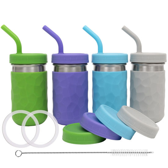 Picture of WeeSprout 2-in-1 Drinking Cups for Kids, Durable Stainless Steel Tumbler for Smoothies, Silicone Straws with Stoppers, Premium Plastic Twist Lids, Easy-Grip Sleeves, Set of 4 Dishwasher Safe Kid Cups