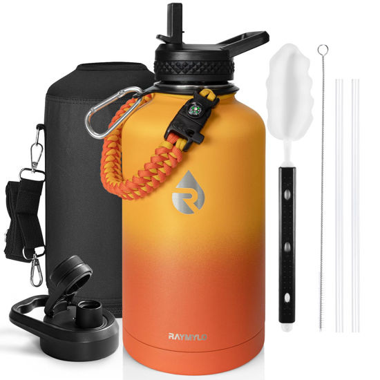 Picture of RAYMYLO Insulated Water Bottle 64 oz, Triple Wall Vacuum Stainless Steel (Cold for 48 Hrs), Leak Proof & Non-BPA, Half Gallon Water Flask Jug with Paracord Handle & Straw Spout Lids, Ombre Orange