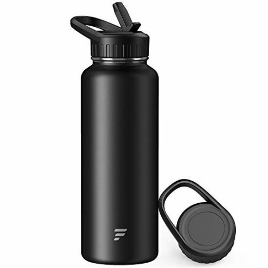 Picture of Letsfit Insulated Water Bottle with Straw and Handle Lids, Simple Vacuum Stainless Steel Water Flask with Wide Mouth, Modern Double Walled Mug Multiple Sizes and Colors, Black, 64 oz