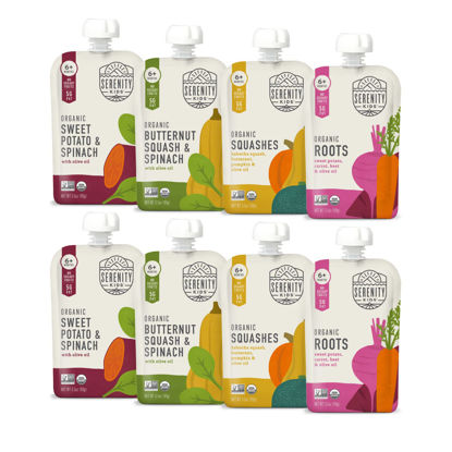 Picture of Serenity Kids 6+ Months Certified Organic Baby Food Pouches Veggie Puree | No Sugary Fruits or Added Sugar | Allergen Free | 3.5 Ounce BPA-Free Pouch | Variety Pack | 8 Count