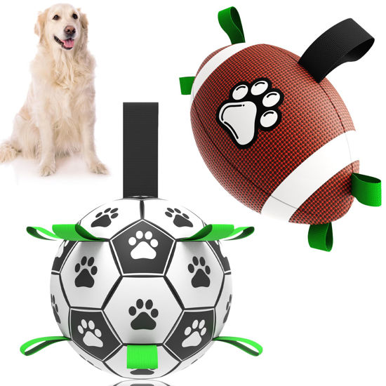 Picture of QDAN Dog Soccer Ball Football Set - 2 PCS Dog Balls with Strap for Tug of War, Soccer Ball Football Toys for Small Medium Large Dogs, Herding Ball for Dogs, Dog Birthday Toy