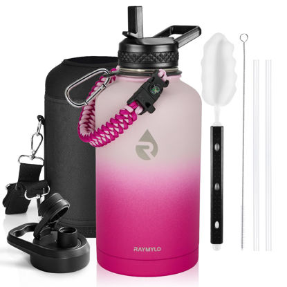 Picture of RAYMYLO Insulated Water Bottle 64 oz, Triple Wall Vacuum Stainless Steel (Cold for 48 Hrs), Leak Proof & Non-BPA, Half Gallon Water Flask Jug with Paracord Handle & Straw Spout Lids, Ombre Pink