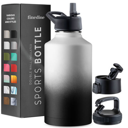 Picture of FineDine Triple Walled, Insulated Water Bottles with Straw - 64 Oz Stainless Steel Metal Bottle W/ 3 Leak Proof Lids - For Travel, School, Sports, Gym / Men, Women & Kids - Dreamy Black-White