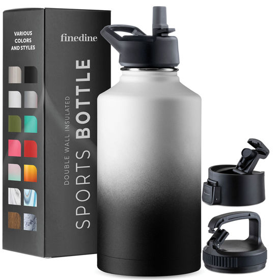 Picture of FineDine Triple Walled, Insulated Water Bottles with Straw - 64 Oz Stainless Steel Metal Bottle W/ 3 Leak Proof Lids - For Travel, School, Sports, Gym / Men, Women & Kids - Dreamy Black-White