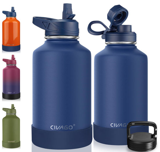 Picture of CIVAGO 64 oz Insulated Water Bottle With Straw, Half Gallon Stainless Steel Sports Water Flask Jug with 3 Lids (Straw, Spout and Handle Lid), Large Metal Thermal Cup Mug, Navy Blue