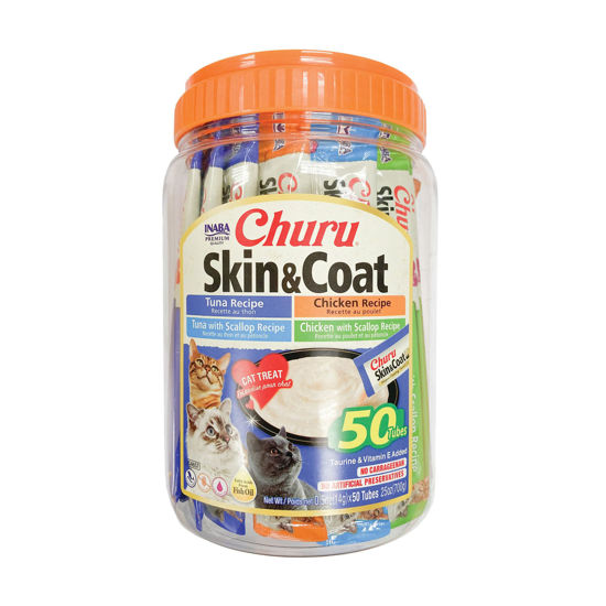 Picture of INABA Churu Lickable Purée Natural Cat Treats for Skin and Coat with Omega Oils, Taurine and Vitamin E, 0.5 Ounces Each Tube, 50 Tubes, Skin & Coat Variety