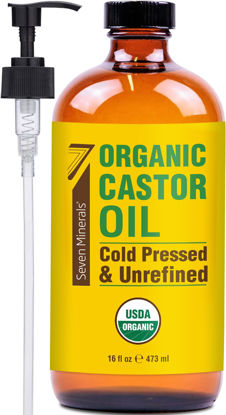 Picture of Seven Minerals New 16 fl oz Glass Bottle Castor Oil Organic Cold Pressed Unrefined Glass Bottle Pack - 100% Pure USDA Certified Organic Hexane Free