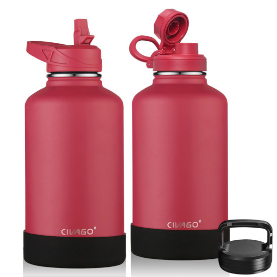 Picture of CIVAGO 64 oz Insulated Water Bottle With Straw, Half Gallon Stainless Steel Sports Water Flask Jug with 3 Lids (Straw, Spout and Handle Lid), Large Metal Thermal Cup Mug, Classic Red