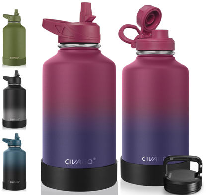 Picture of CIVAGO 64 oz Insulated Water Bottle With Straw, Half Gallon Stainless Steel Sports Water Flask Jug with 3 Lids (Straw, Spout and Handle Lid), Large Metal Thermal Cup Mug, Dark Rainbow