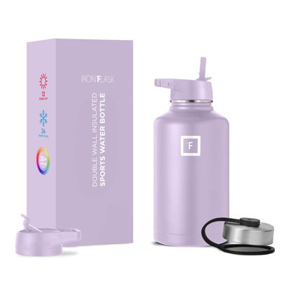 Picture of IRON °FLASK Sports Water Bottle - Wide Mouth with 3 Straw Lids - Stainless Steel Gym & Outdoor Bottles for Men, Women & Kids - Double Walled, Insulated Thermos, Metal Canteen - Lavender, 64 Oz