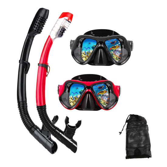 Picture of DIPUKI Snorkeling Gear for Adults Snorkel mask Set Scuba Diving mask Dry Snorkel Swimming Glasses Swim Dive mask Nose Cover Youth Diving (Black+red（2 Pack）)