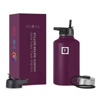 Picture of IRON °FLASK Camping & Hiking Hydration Flask, Wide Mouth, 3 Straw Lids, Stainless Steel Outdoor Water Bottle, Double Walled, Insulated Thermos, Metal Canteen - Burgundy, 64 Oz