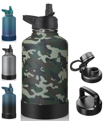 Picture of CIVAGO 64 oz Insulated Water Bottle With Straw, Half Gallon Stainless Steel Sports Water Flask Jug with 3 Lids (Straw, Spout and Handle Lid), Large Metal Thermal Cup Mug, Camo