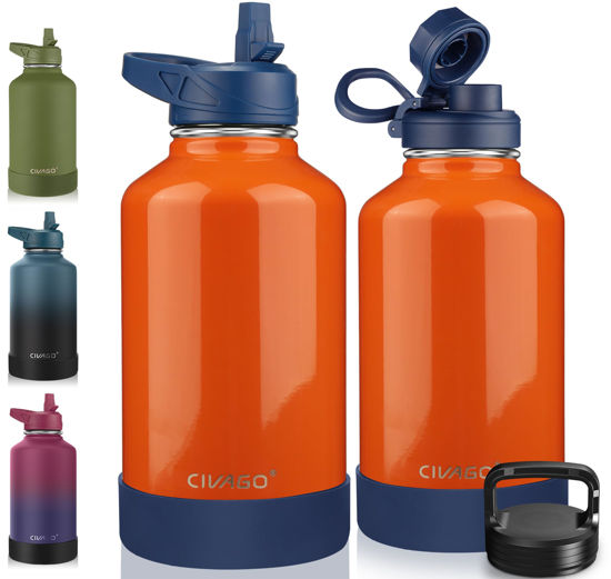 Picture of CIVAGO 64 oz Insulated Water Bottle With Straw, Half Gallon Stainless Steel Sports Water Flask Jug with 3 Lids (Straw, Spout and Handle Lid), Large Metal Thermal Cup Mug, Deep Orange