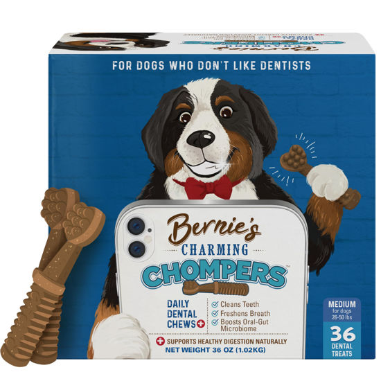 Picture of Bernie's Charming Chompers - Daily Dental Chews for Dogs 26-50 Lbs. - 36 Count - Cleans Teeth, Freshens Breath, Boosts Oral-Gut Microbiome. Easy to Digest, Supports Healthy Digestion Naturally