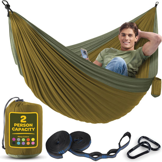 Picture of Durable Hammock 500 lb Capacity, Nylon Camping Hammock Chair - Double or Single Sizes w/Tree Straps and Attached Carry Bag - Portable for Travel/Backpacking/Beach/Backyard (Large, Khaki & Dark Green)