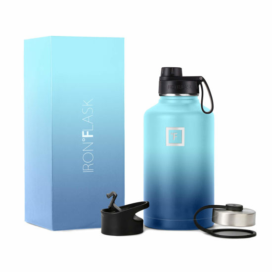 Picture of IRON °FLASK Camping & Hiking Hydration Flask, Wide Mouth, 3 Spout Lids, Stainless Steel Outdoor Water Bottle, Double Walled, Insulated Thermos, Metal Canteen - Blue Waves, 64 Oz