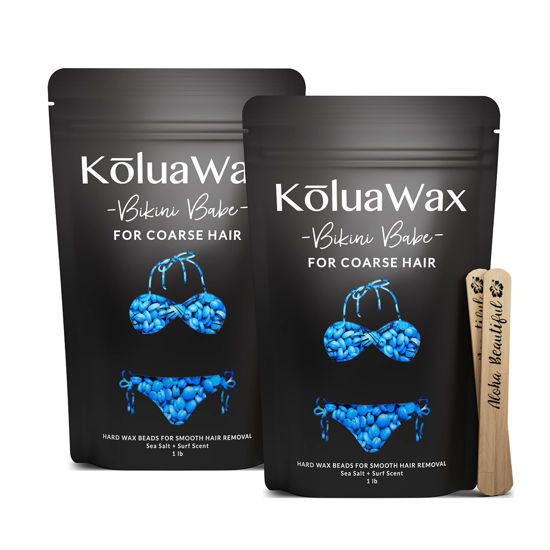 Picture of KoluaWax Hard Wax Beads for Hair Removal - Coarse Hair Formula - Face, Brazilian, Underarms, Back Chest, Bikini Waxing - Sea Salt & Surf, 1lb Refill for Wax Warmers & 10 Large Applicator Sticks 2 Pack