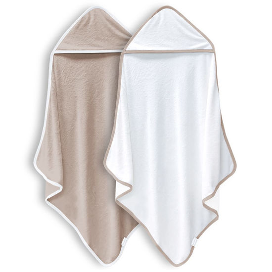 Picture of BAMBOO QUEEN 2 Pack Baby Bath Towel - Rayon Made from Bamboo, Ultra Soft Hooded Towels for Kids - X Large Size for 0-7 Yrs (White and Brown, 37.5 x 37.5 Inch)