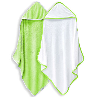 Picture of BAMBOO QUEEN 2 Pack Baby Bath Towel - Rayon Made from Bamboo, Ultra Soft Hooded Towels for Kids - X Large Size for 0-7 Yrs (White and Green, 37.5 x 37.5 Inch)