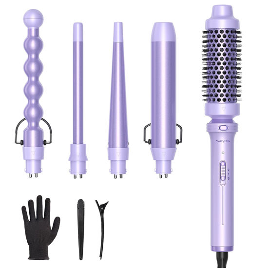 Picture of Wavytalk 5 in 1 Curling Iron,Curling Wand Set with Curling Brush and 4 Interchangeable Ceramic Curling Wand(0.5”-1.25”),Instant Heat Up,Include Heat Protective Glove & 2 Clips (Purple)