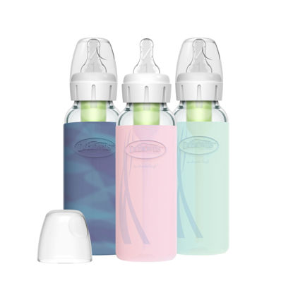 Picture of Dr. Brown's Natural Flow Anti-Colic Options+ Narrow Glass Baby Bottle, 8 oz/250 mL, with Silicone Bottle Sleeve, 3 Pack, Glow/Pink/Mint