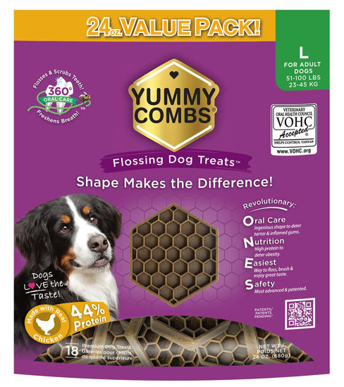 Picture of Yummy Combs - Dog Dental Treats | Removes Tartar - Vet VOHC Approved | A Yummy Treat for Teeth Cleaning - Chicken Protein | for Large Dogs (24oz, 18 Count)