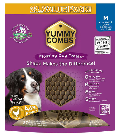 Picture of Yummy Combs - Dog Dental Treats | Removes Tartar - Vet VOHC Approved | A Yummy Treat for Teeth Cleaning - Chicken Protein | for Medium Dogs (24oz, 30 Count)