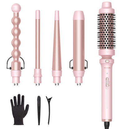 Picture of Wavytalk 5 in 1 Curling Iron,Curling Wand Set with Curling Brush and 4 Interchangeable Ceramic Curling Wand(0.5”-1.25”),Instant Heat Up,Include Heat Protective Glove & 2 Clips (Pink)