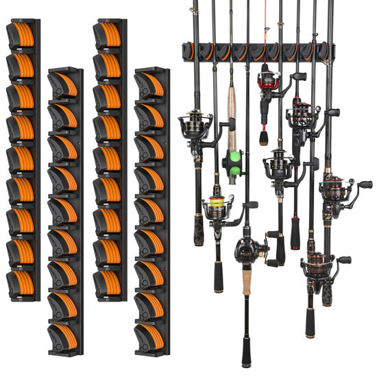 Picture of PLUSINNO V9 Vertical Fishing Rod Holders, 4 Packs Wall Mounted Fishing Pole Holders, Fishing Rod Racks Hold Up to 36 Rods or Combos, Fishing Rod Holders for Garage, Fits Most Rods of Diameter 3-19mm