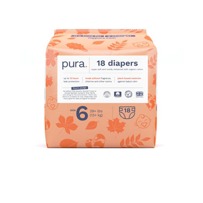 Picture of Pura Size 6 Eco-Friendly Diapers (29+ lbs) Totally Chlorine Free (TCF) Hypoallergenic, Soft Organic Cotton, Sustainable, up to 12 Hours Leak Protection, Allergy UK, 1 Packs of 18 Diapers