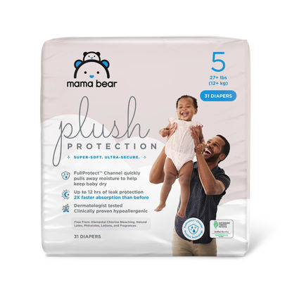 Picture of Amazon Brand - Mama Bear Plush Protection Diapers - Size 5, 31 Count, Hypoallergenic Premium Disposable Baby Diapers, White and Cloud Dreams