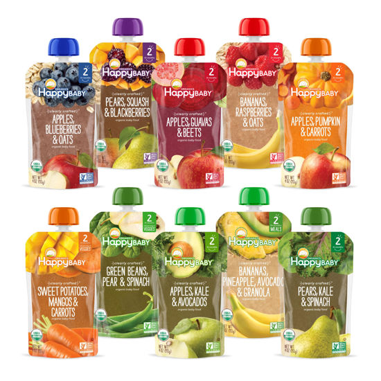 Picture of Happy Baby Organics Stage 2 Baby Food Pouches, Gluten Free, Vegan & Healthy Snack, Clearly Crafted Fruit & Veggie Puree, Fruit & Veggie Variety Pack, 4 Ounces (Pack of 10)