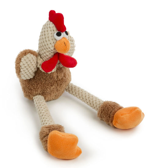 Picture of goDog Checkers Skinny Rooster Squeaky Plush Dog Toy, Chew Guard Technology - Brown, Small