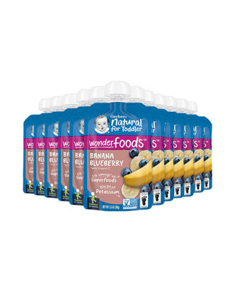 Picture of Gerber Baby Food Pouches, Toddler 12+ Months, WonderFoods, Banana Blueberry, 3.5 Ounce (Pack of 12)