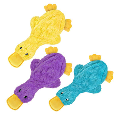 Picture of Best Pet Supplies Crinkle Dog Toy for Small, Medium, and Large Breeds, Cute No Stuffing Duck with Soft Squeaker, Fun for Indoor Puppies and Senior Pups, Plush No Mess Chew - Yellow, Purple & Turquoise