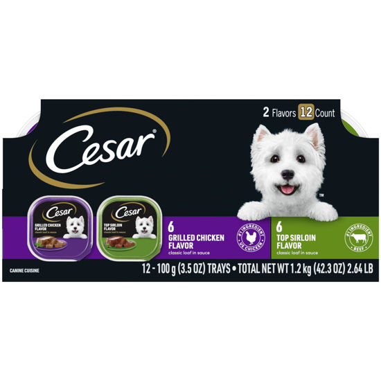 Picture of CESAR Wet Dog Food Classic Loaf in Sauce Top Sirloin & Grilled Chicken Flavors Variety Pack, 3.5 oz. Easy Peel Trays, 12 Count