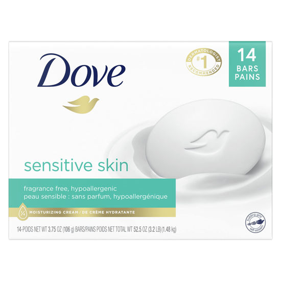 Picture of Dove Beauty Bar More Moisturizing Than Bar Soap for Softer Skin, Fragrance-Free, Hypoallergenic Beauty Bar Sensitive Skin With Gentle Cleanser 3.75 oz 14 Bars