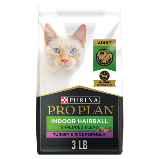 Picture of Purina Pro Plan Hairball Management, Indoor Cat Food, Shredded Blend Turkey and Rice Formula - 3 lb. Bag