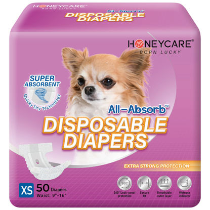 Picture of HONEY CARE All-Absorb Disposable Female Dog Diapers Extra Small Size, Improved, 50 Count, Super Absorbent, Breathable, Wetness Indicator