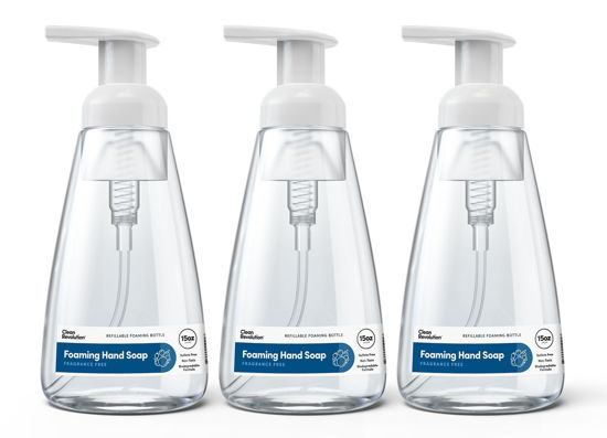 Picture of Clean Revolution Ready to Use Foaming Hand Soap| Three Pack | Jumbo 15oz Bottles | Gentle, Moisturizing & Eco-Friendly | Real Essential Oils | Fragrance Free | 45 Total Fl Oz, Clear