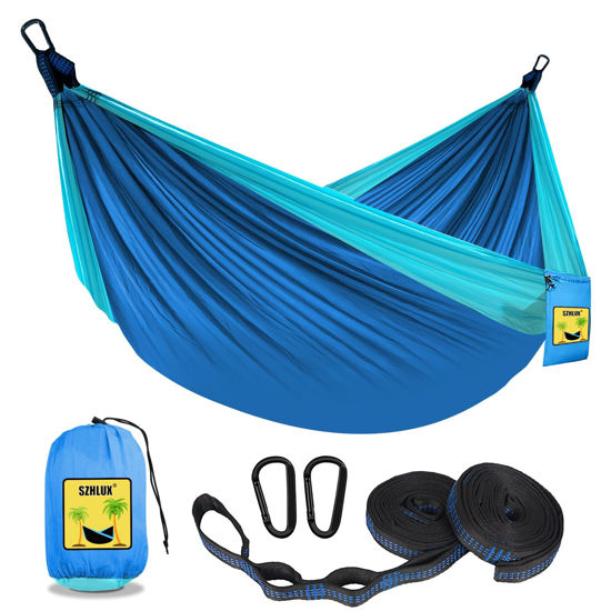 Picture of SZHLUX Camping Hammock Double & Single Portable Hammocks with 2 Tree Straps, Great for Hiking,Backpacking,Hunting,Outdoor,Beach,Camping,Dark Blue / Sky Blue