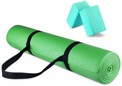 Picture of Signature Fitness All Purpose 1/4-Inch High Density Anti-Tear Exercise Yoga Mat with Carrying Strap and Yoga Blocks, Green