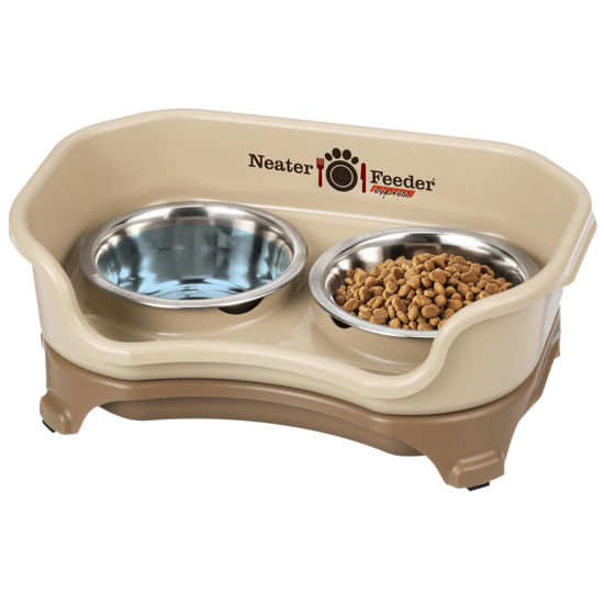 Picture of Neater Feeder - Express Model - Mess-Proof Cat Bowls (Cat, Cappuccino) - Made in USA - Elevated, No Spill, Non-Tip, Non-Slip, Raised Stainless Steel Food & Water Pet Bowls