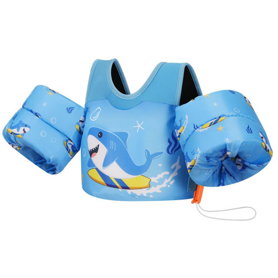 Picture of MoKo Toddler Swim Vest - Cute Toddler Floaties with Emergency Whistle for Boys and Girls 13-20-30 lbs Water Wings Arm Band Floaties Swim Training Equipment for Beach Swimming Pool Sea, Surfing Shark