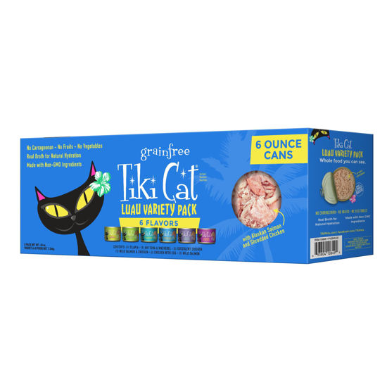 Picture of Tiki Cat Luau Variety Pack, Succulent Combinations of Real Shredded Protein in a Rich Flavorful Consumme, Grain-Free Balanced Nutrition Wet Canned Cat Food, For All Life Stages, 6 oz. Cans (Pack of 8)