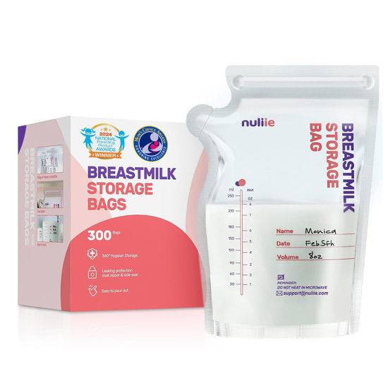 Picture of Nuliie 300 Pcs Breastmilk Storage Bags, 8 OZ Breast Milk Storing Bags, BPA-Free, Milk Storage Bags with Pour Spout for Breastfeeding, Self-Standing Bag, Space Saving Flat Profile