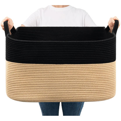 Picture of Goodpick Woven Baskets for Storage, 63L Rectangle Cotton Rope Basket with Handle Large Toy Storage Basket for Baby, Kids, Blanket Basket for Living Room, Bedroom, Laundry, 21.6" x 14.9" x 11.8"