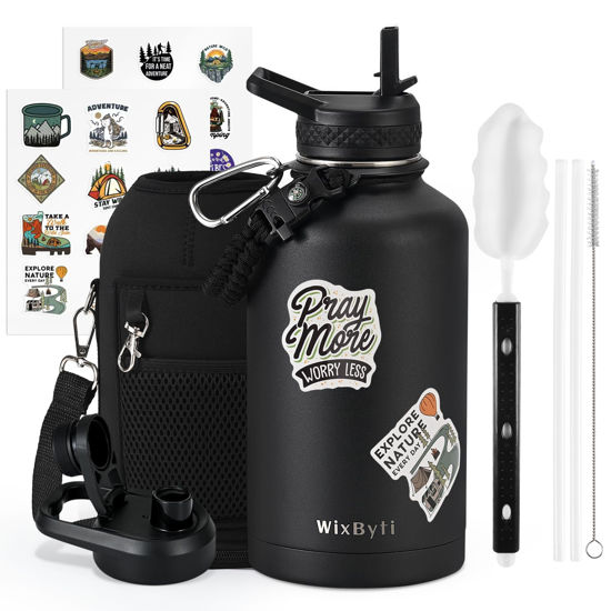 Picture of WixByti 64 oz Insulated Water Bottle with Straw (Cold for 48 Hrs), Half Gallon Stainless Steel Triple Wall Vacuum Sports Water Jug, Leakproof Hydro Cup Flask with Straw Spout Lids & DIY Stickers